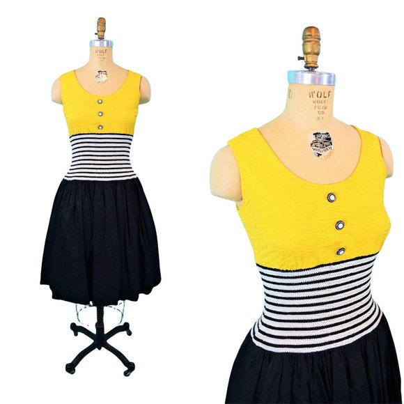 Vintage 80s Cocktail Dress Women's XS Yellow Black Striped Poofy Party Skirt